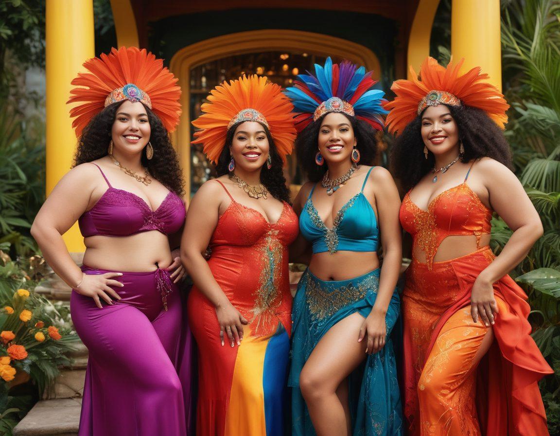 A vibrant celebration of diversity featuring a group of beautifully diverse women with varying body types, smiling and confidently posing in an artistic outdoor setting. Each performer exudes sensuality, showcasing their unique styles, from elaborate costumes to playful accessories. The background includes colorful decorations that symbolize joy and acceptance. The overall atmosphere is warm and inviting, celebrating body positivity and allure. vibrant colors. super-realistic. artistic style.