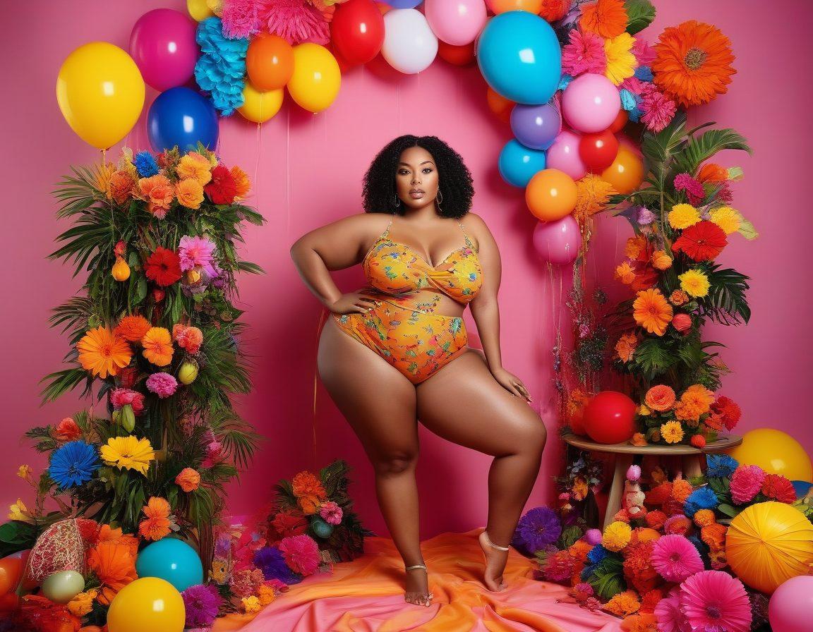 A diverse group of voluptuous models confidently posing together in a vibrant studio, showcasing their curves with a celebratory atmosphere. The background features colorful decorations and soft, flattering lighting that enhances their natural beauty. Each model's unique style and personality shine through in their outfits, emphasizing empowerment and body positivity. Include subtle hints of amateur photography aesthetics to convey authenticity. bright colors. soft focus. candid style.